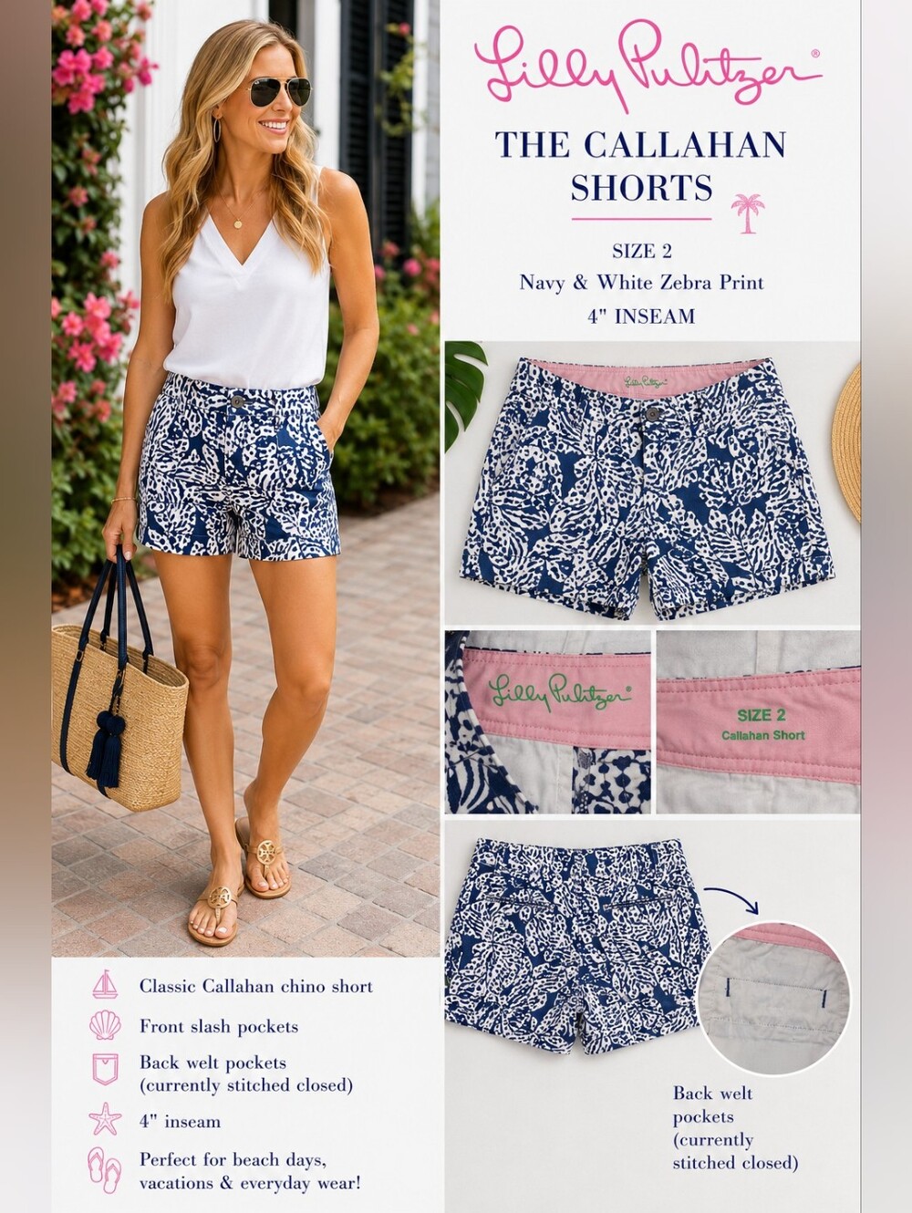 Lilly Pulitzer Callahan Shorts Navy White Print Size 2 4" Inseam